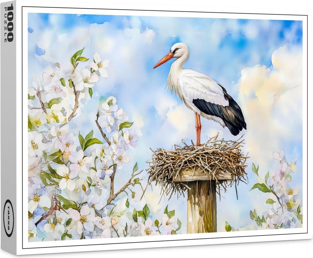 raxxa Premium-Puzzle "White stork on a nest in spring watercolor painting", 1000 Teile