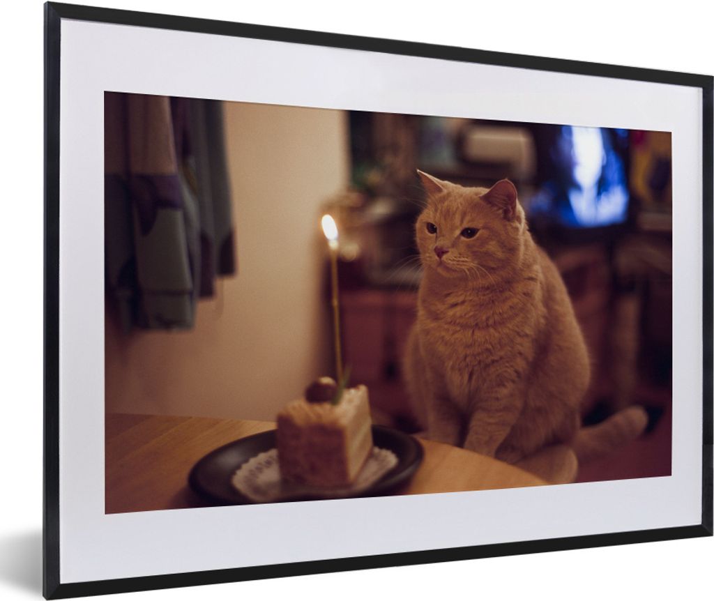 MuchoWow MuchoWow Gerahmtes Poster Katze - Geburtstag - Kerze 60x40 cm - Poster mit zchwarzem Bilderrahmen - Schlafzimmer - Plakat in Rahmen - ...