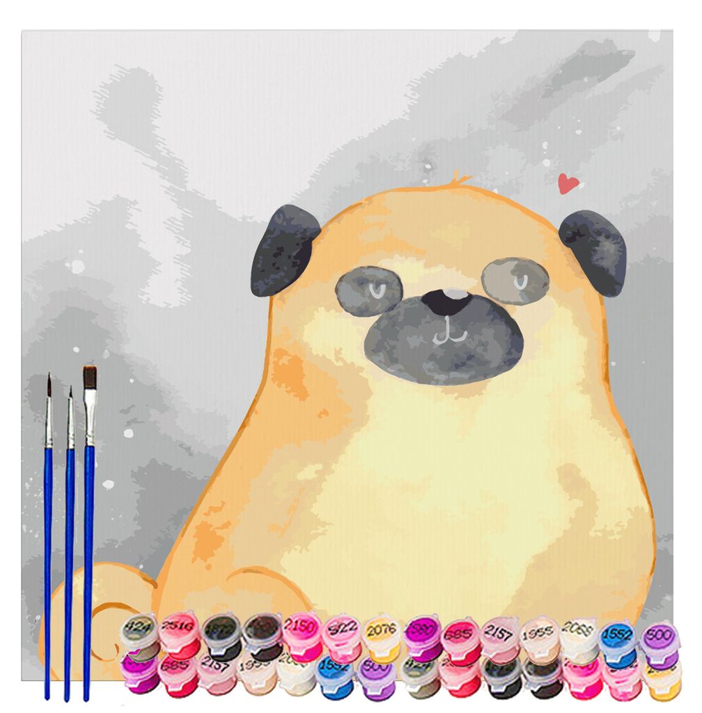 Mr. & Mrs. Panda Malen nach Zahlen Mops Motiv 40 x 40 cm Mit Rahmen - Grau Pastell - Geschenk, DIY, Hund, Sprüche, Knuffig, malset, Zahlenbild, Li...