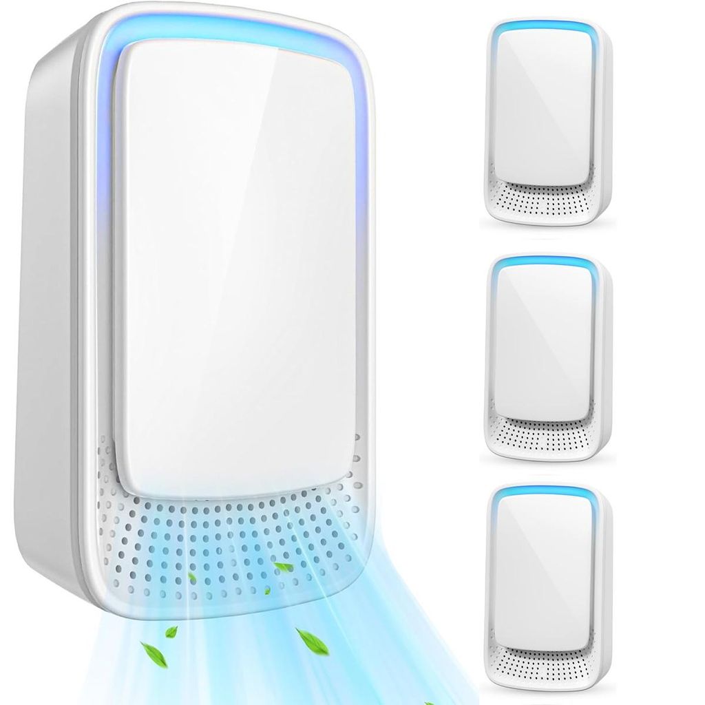 A product image showing multiple air purifiers with blue light accents and a demonstration of air flow with leaves.