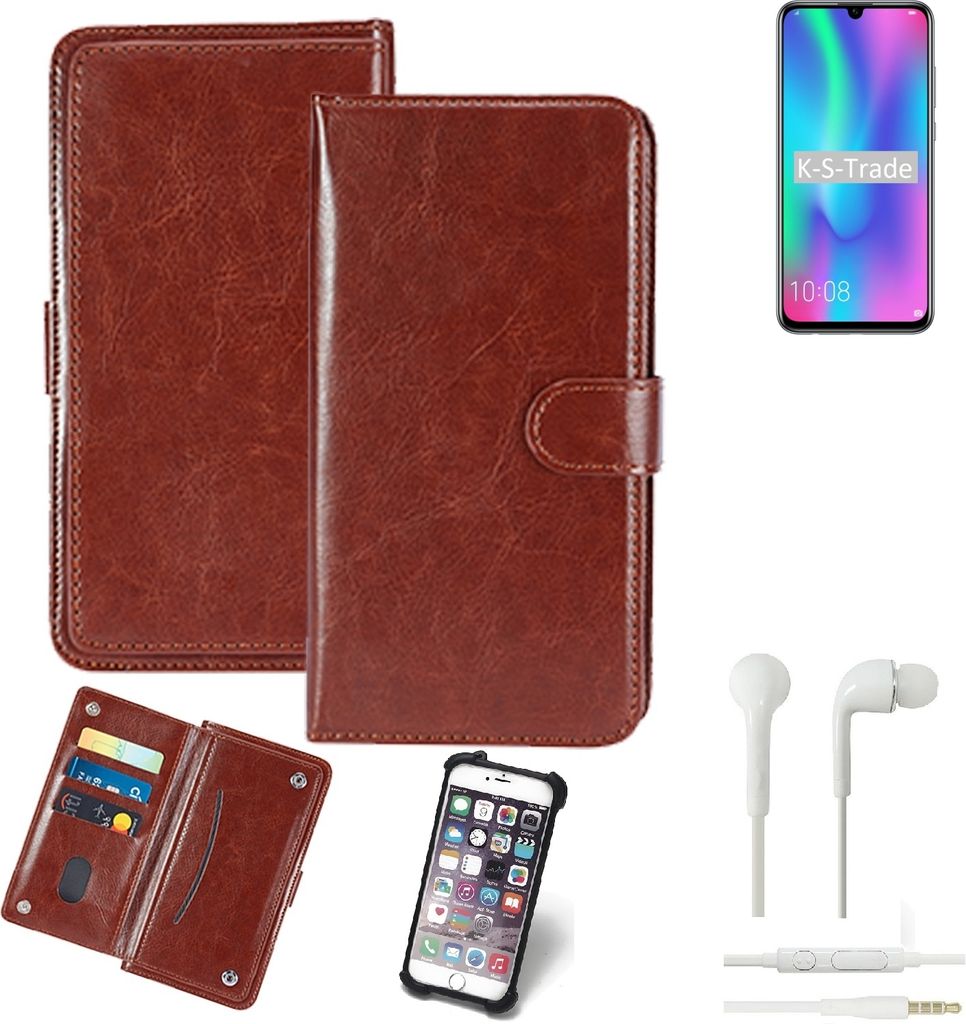 K-S-Trade 360° Hülle kompatibel mit Huawei Honor 10 Lite inkl. Headphones braun Kunstleder Case BookCase WalletCase Kunstlederederhülle