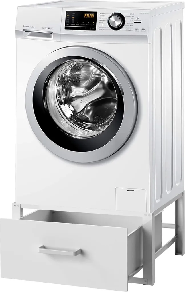 Socle Lave-linge Métal Blanc avec Tiroir de Rangement Antidérapant