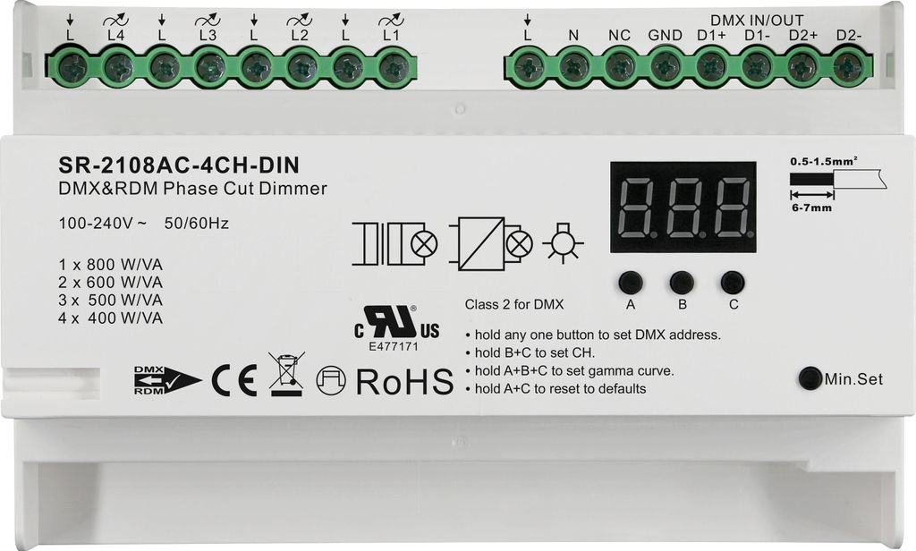 SR-2108AC-4CH-DIN DMX512 Triac-Dimmer 4-Kanal Produktbild 