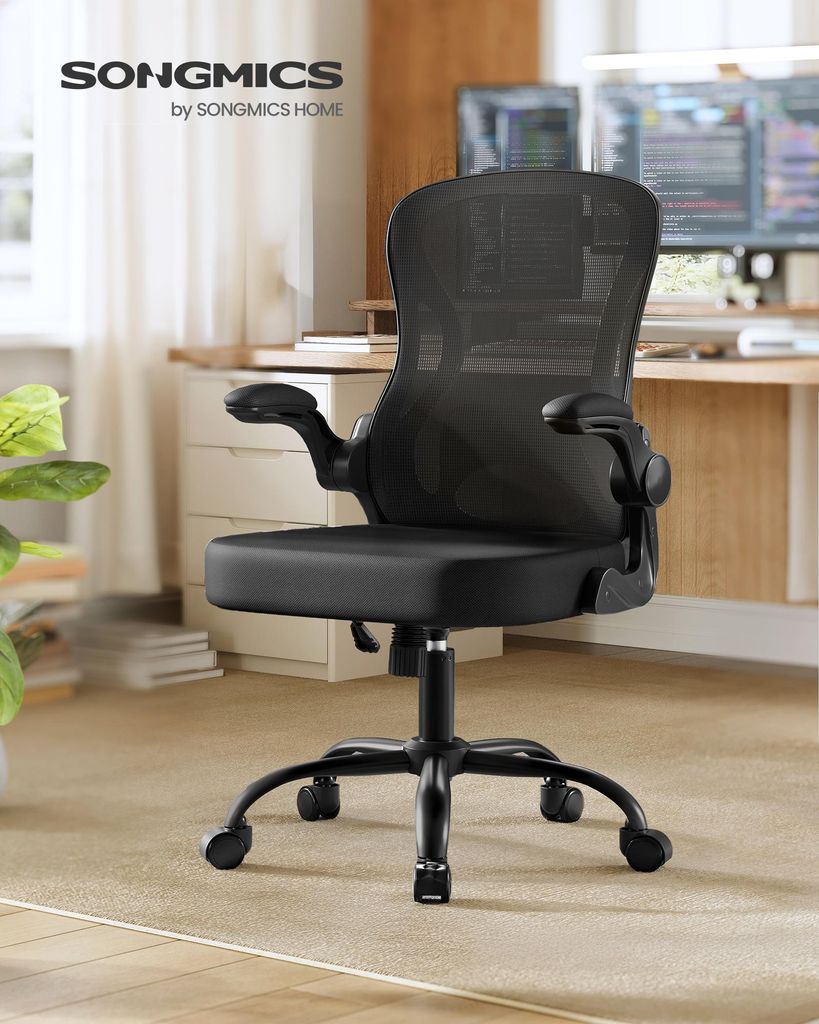 SONGMICS Bürostuhl ergonomisch, Drehstuhl mit Netzgewebe, Schreibtischstuhl mit Lendenstütze, Wippfunktion, klappbare Armlehnen, für Arbeitszimmer