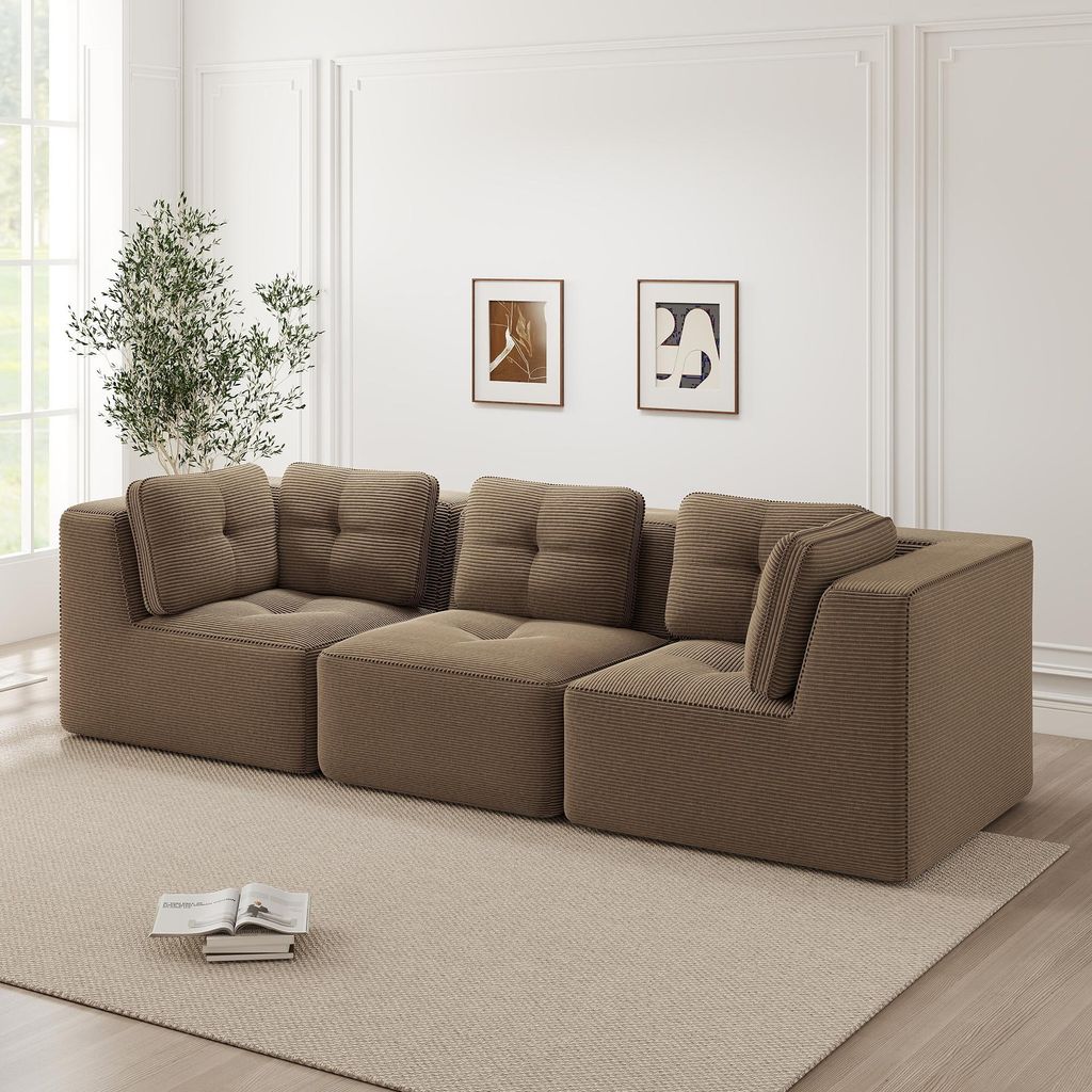 Cordstoff-Dreisitzer-Ecksofa, rahmenlos, modulares Sofa, Tiefensitz, 297 x 104 x 69 cm, Braun