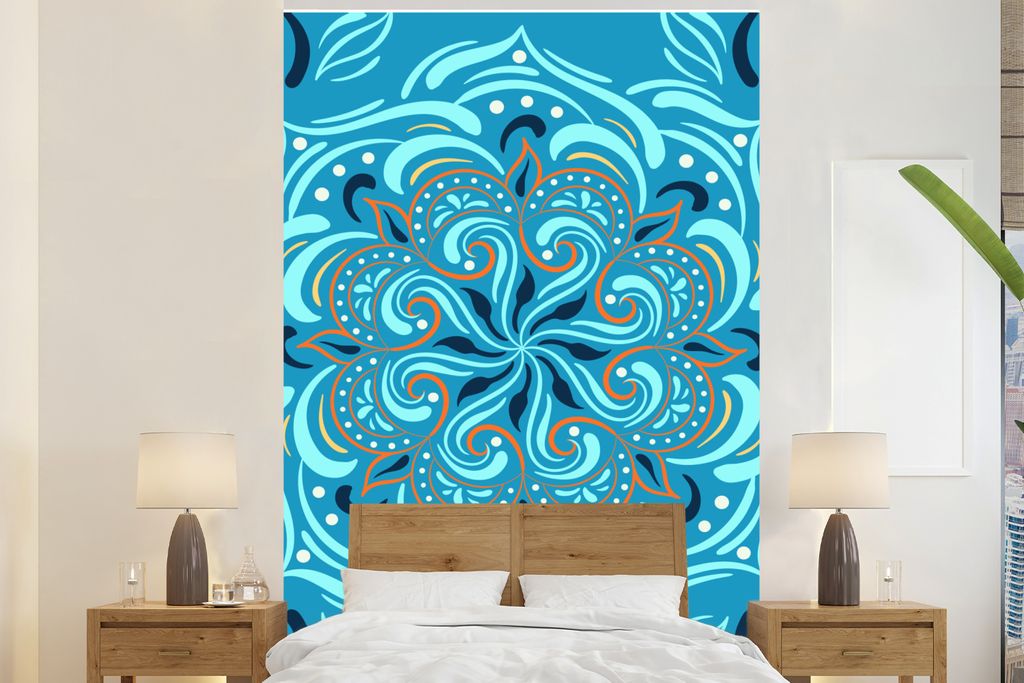 MuchoWow Fototapete für Wohnzimmer oder Schlafzimmer Wandtapete Vinyl Motivtapete Blume - Blau - Orange - Muster - 155x240 cm - Tapete