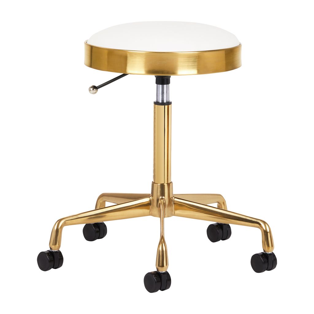 A white and gold rolling stool against a white background.