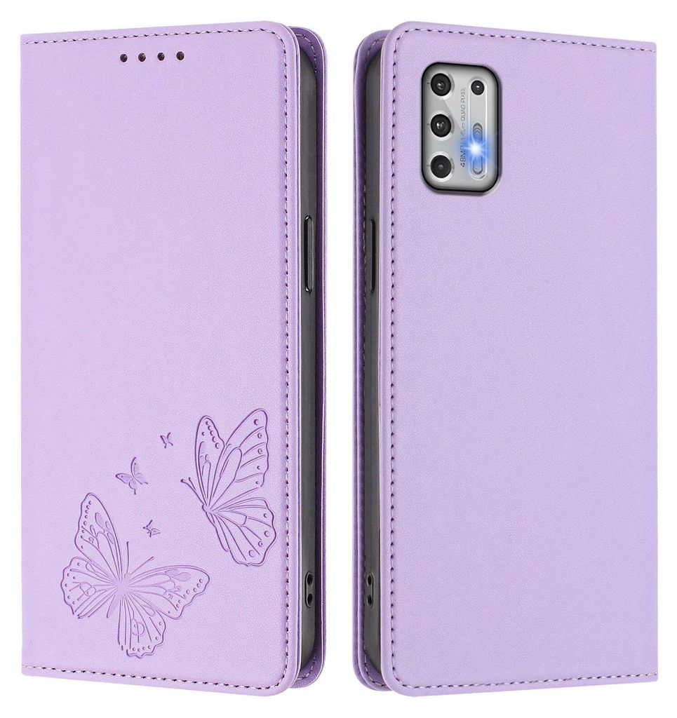 Lederhülle für Motorola Moto G Stylus 2021 4G, Schmetterling Prägung Leder Brieftasche Schutzhülle mit Ständer Violett
