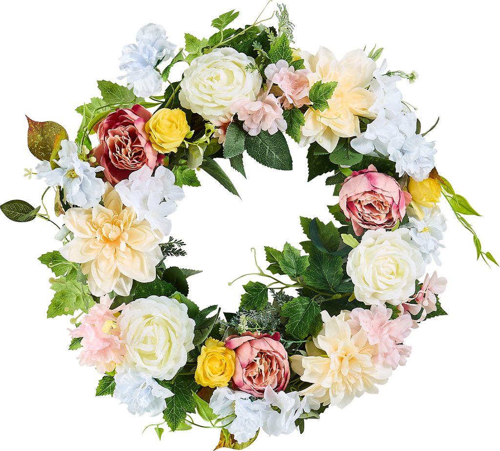 SucceBuy Künstlicher Dekokranz, 61 cm, Weiß, Rosa, Gelb, Pfingstrosen und Hortensien, für alle Jahreszeiten, Heim- und Festdekoration