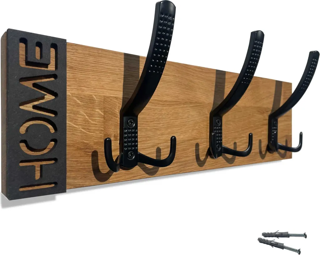 FLEXISTYLE Porte-manteau mural Oak en chêne à tasseaux noirs - 40 cm