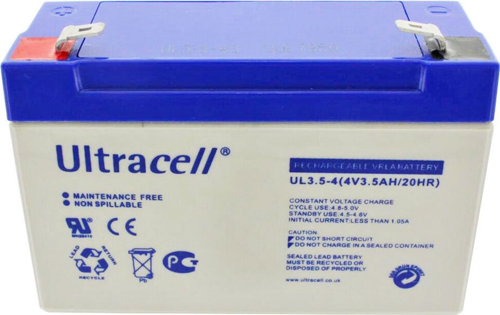 A white and blue Ultracell battery with text and symbols on its side.