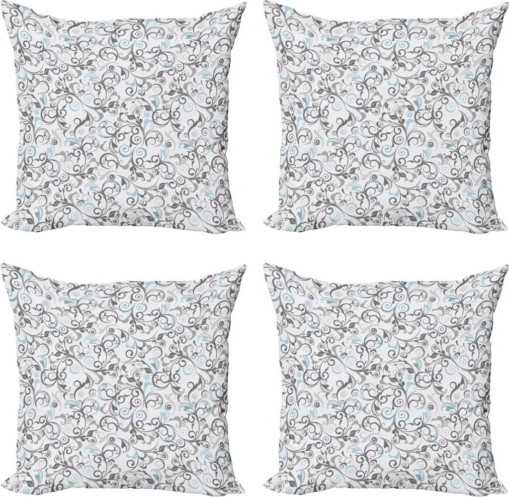 ABAKUHAUS Blumen Kissenbezug Set (4 Stück), Damast Antike Curls, Moderner Doppelseitiger Digitaldruck, 60 cm x 60 cm, Grau Hellblau Weiß