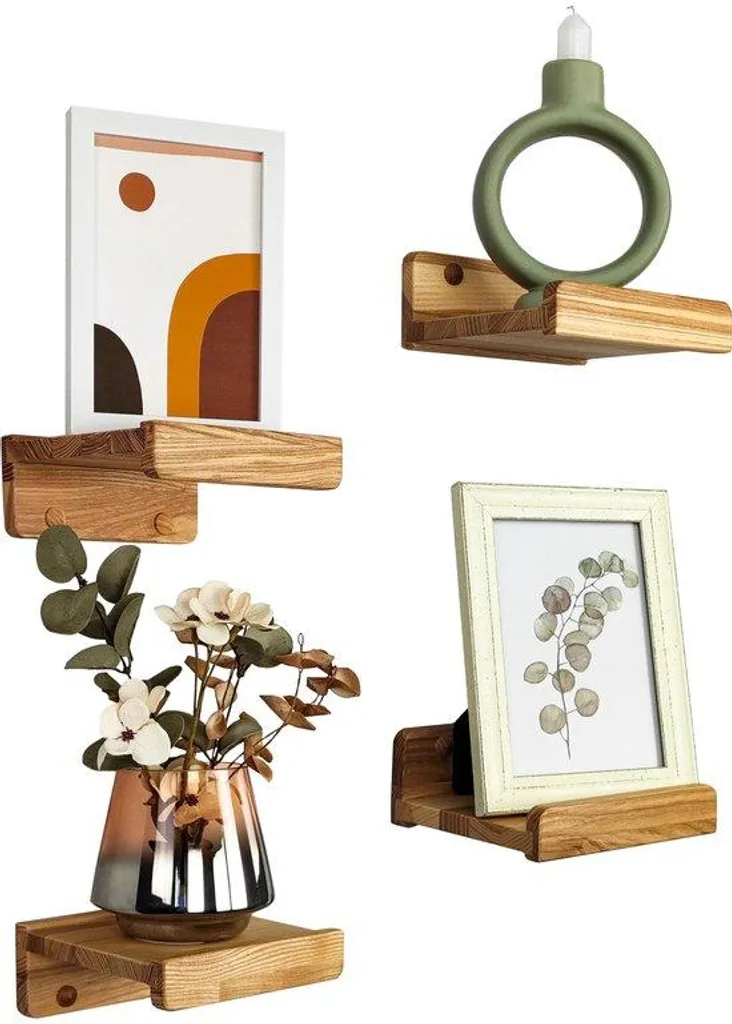 Étagères murales bois gain de place, lot de 4 supports déco 13 cm