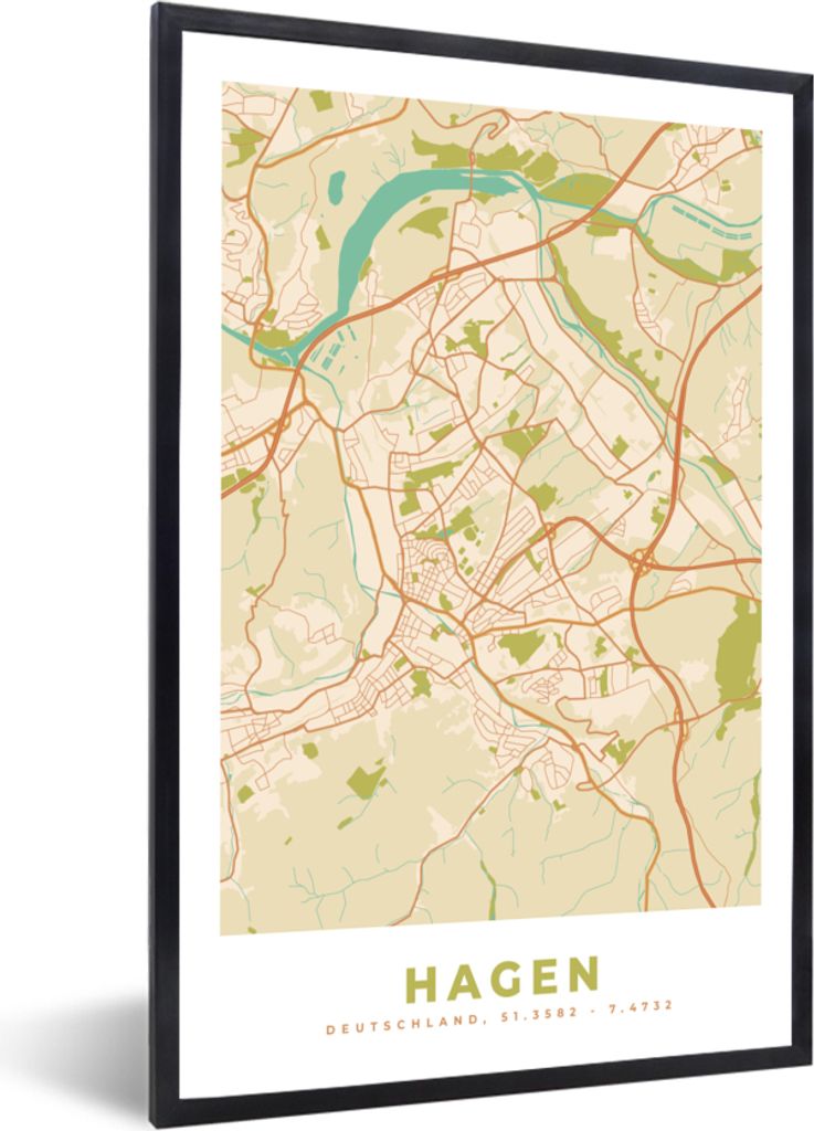 MuchoWow Gerahmtes Poster Karte - Hagen - Stadtplan - Vintage - Karte 40x60 cm - Poster mit Schwarzem Bilderrahmen Wandposter Rahmen Foto Bilder ...