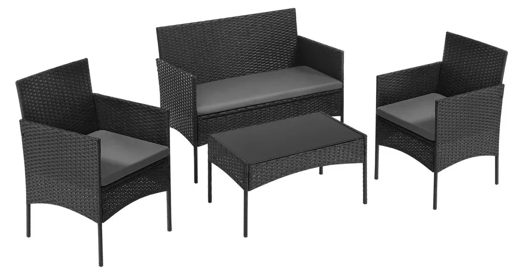 Mobilier de jardin durable en résine tressée noire : salon 4 places sans entretien