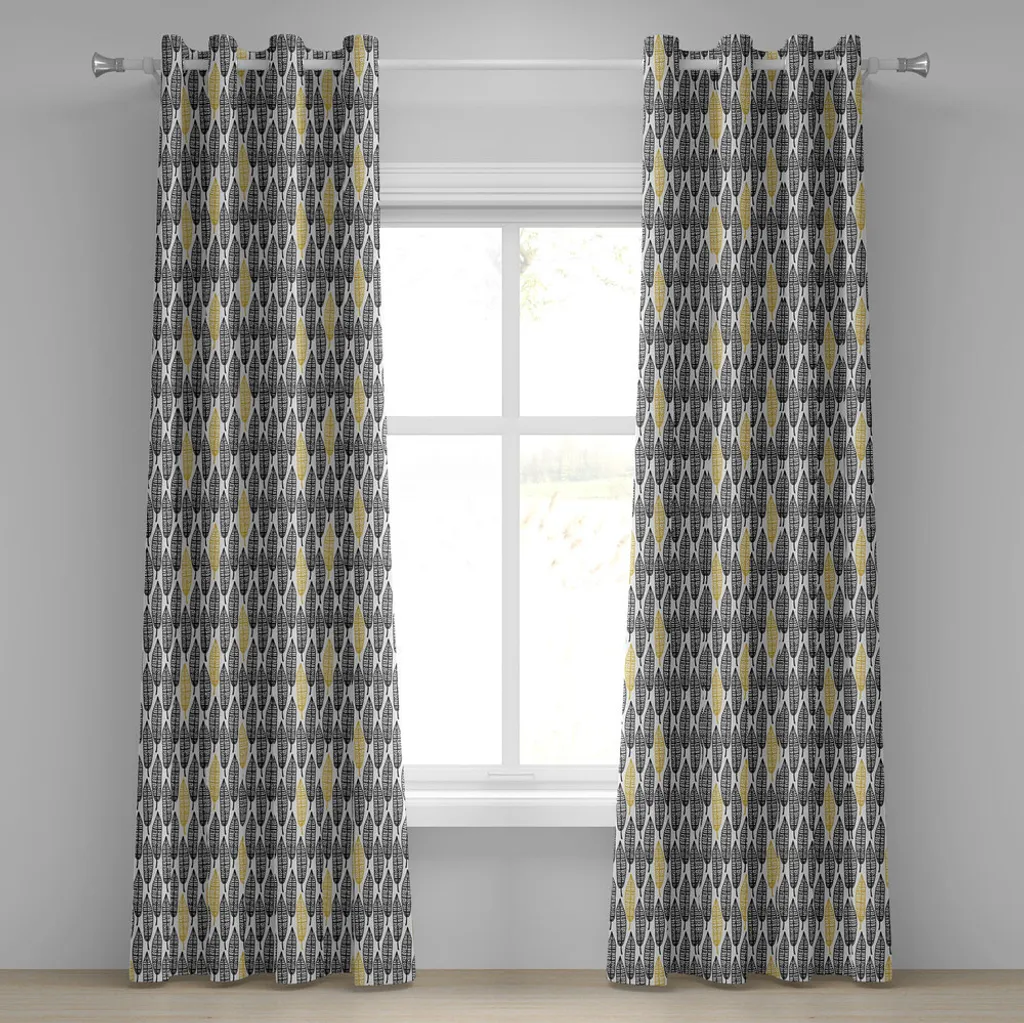 ABAKUHAUS Tenda con occhielli in piuma, motivo tribale ripetitivo disegnato a mano, decorata con piume in stile etnico artistico, tende decorative a 2 pannelli, 280 cm x 245 cm, senape bianco nero