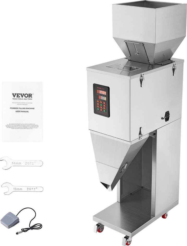 A stainless steel powder filling machine with a hopper, control panel, and dispensing chute, shown with accessories and a manual.