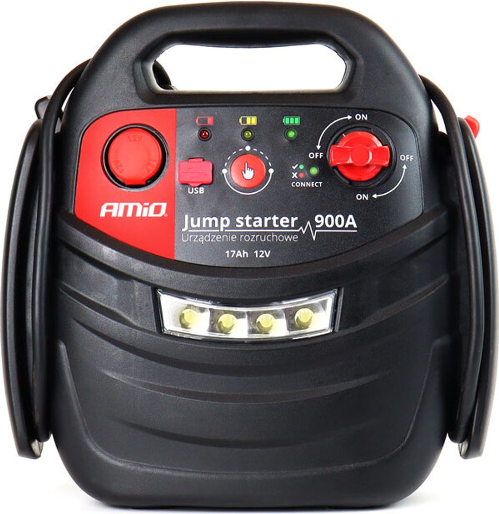 A black and red jump starter device with various buttons and indicators.