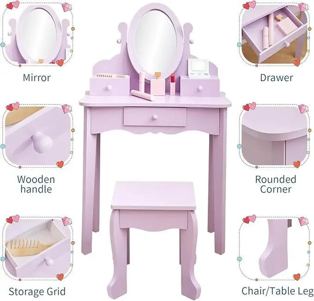 Coiffeuse enfant pour chambre de fille avec miroir rond et assise bois