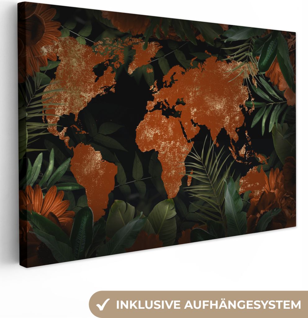 OneMillionCanvasses - Leinwandbilder - 140x90 cm, Weltkarte - Gold - Pflanzen, Wandbilder Kunstdruck Wanddekoration