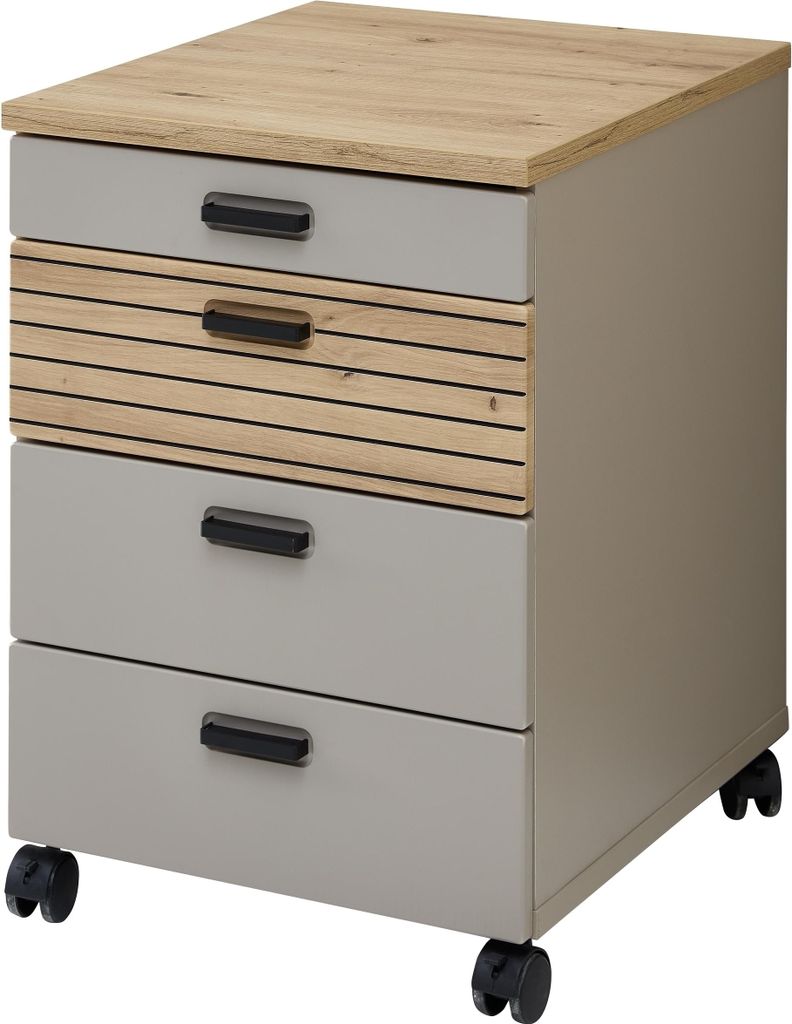 Rollcontainer >Glenn< in Basalt / Artisan Eiche Nachbildung, MDF - 45x66x55cm (BxHxT)
