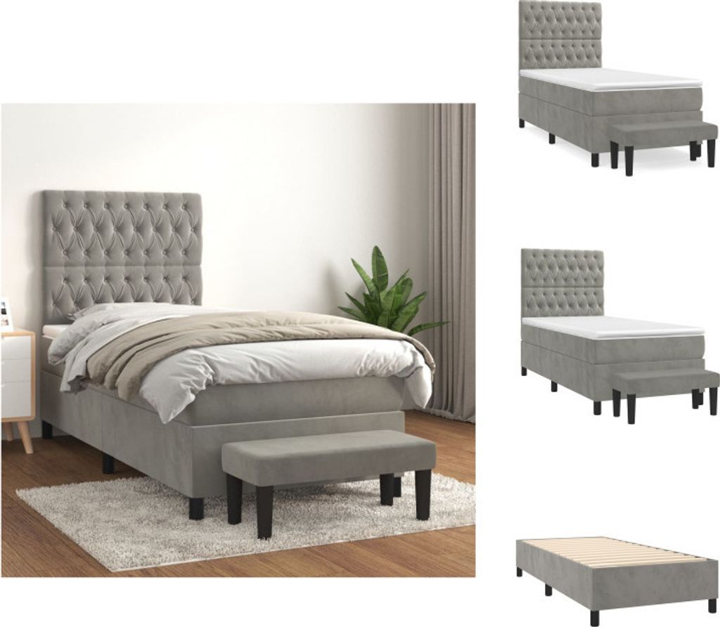 vidaXL Boxspringbett mit Matratze Hellgrau 100x200 cm Samt - Betten & Bettgestelle