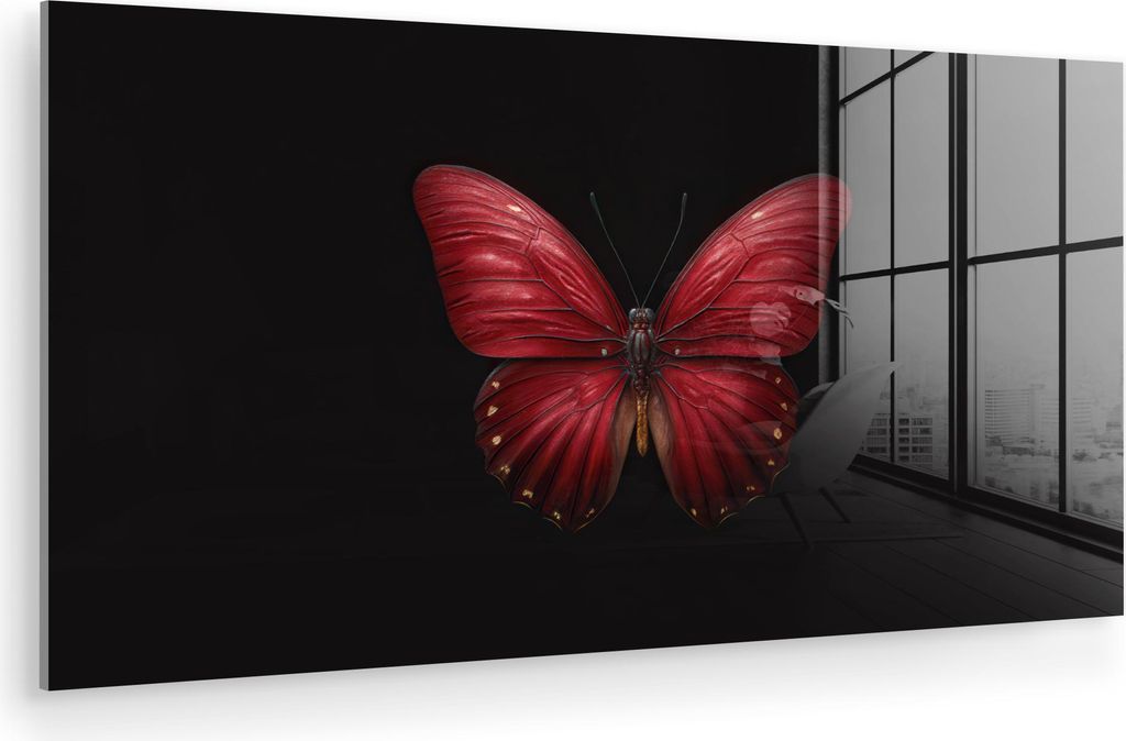 MuchoWow Glasbilder - Bilder auf Wandbild - Foto auf Glas Schmetterling - Rot - Minimalistisch 80x40 cm Wanddekoration aus Glas - Acrylglasbild - A...