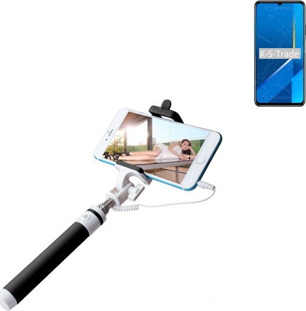 K-S-Trade Selfie Stick kompatibel mit Huawei Honor X10 Max Selfiestick kabelgebunden Monopod mit Kabel Stab Stange Selfportrait Handheldstick schwarz