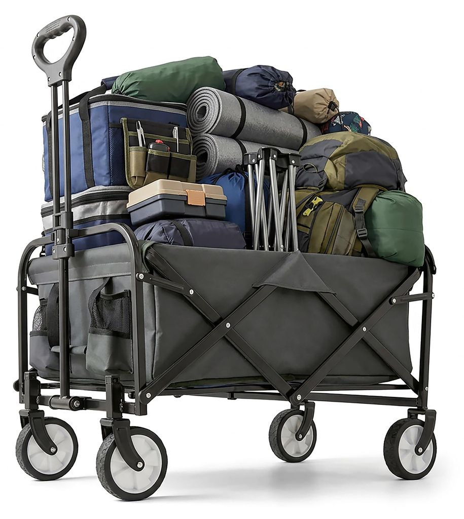 Relaxdays Bollerwagen, faltbar, 100 kg, Teleskopgriff, Oxford-Gewebe, Transportwagen für Einkauf, Camping & Strand, grau