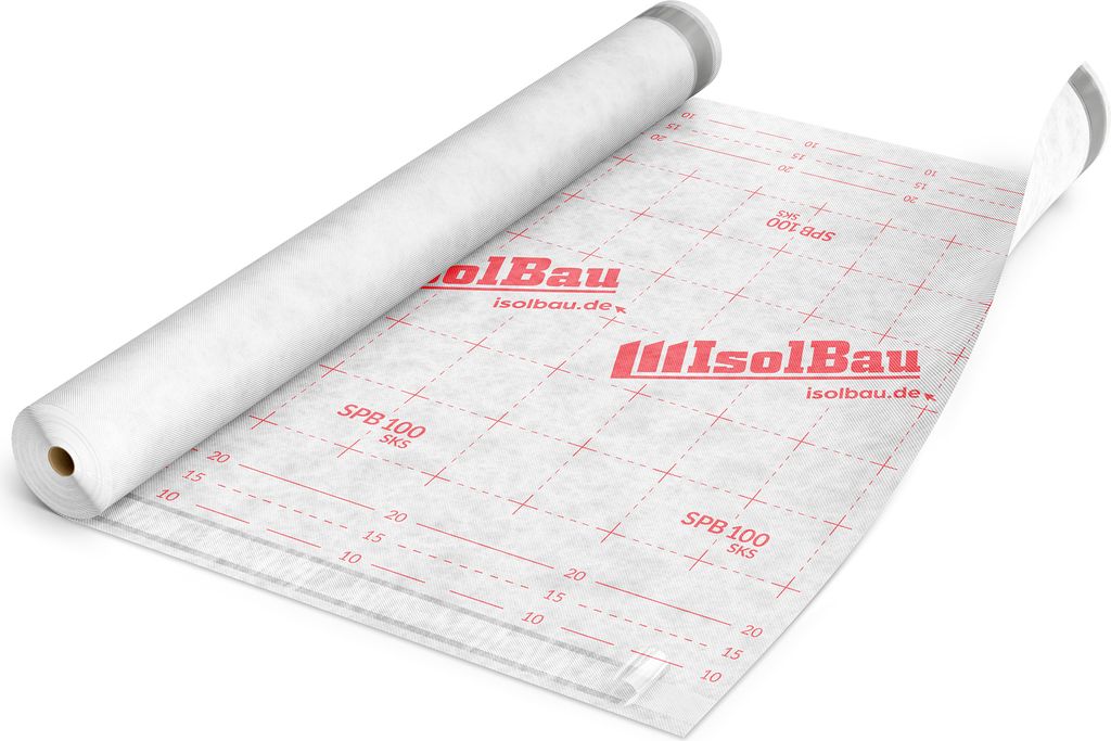 A roll of white underlayment material with red grid lines and branding, partially unrolled on a white surface.