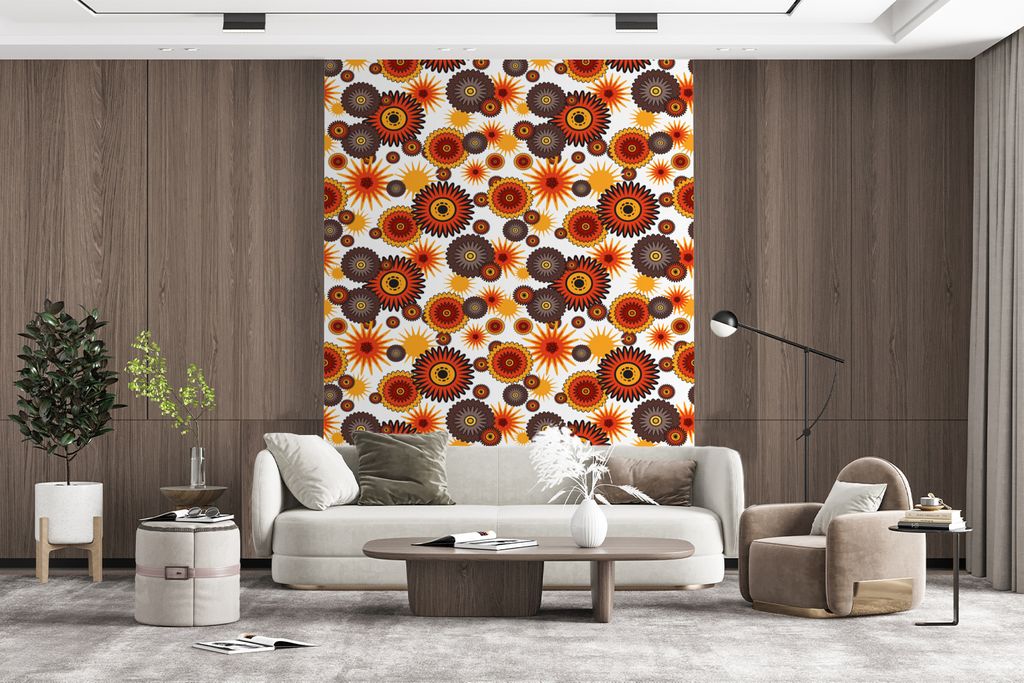 MuchoWow Fototapete für Wohnzimmer oder Schlafzimmer Wandtapete Vinyl Motivtapete Design - Retro - Orange - Blumen - 195x260 cm - Wandbild