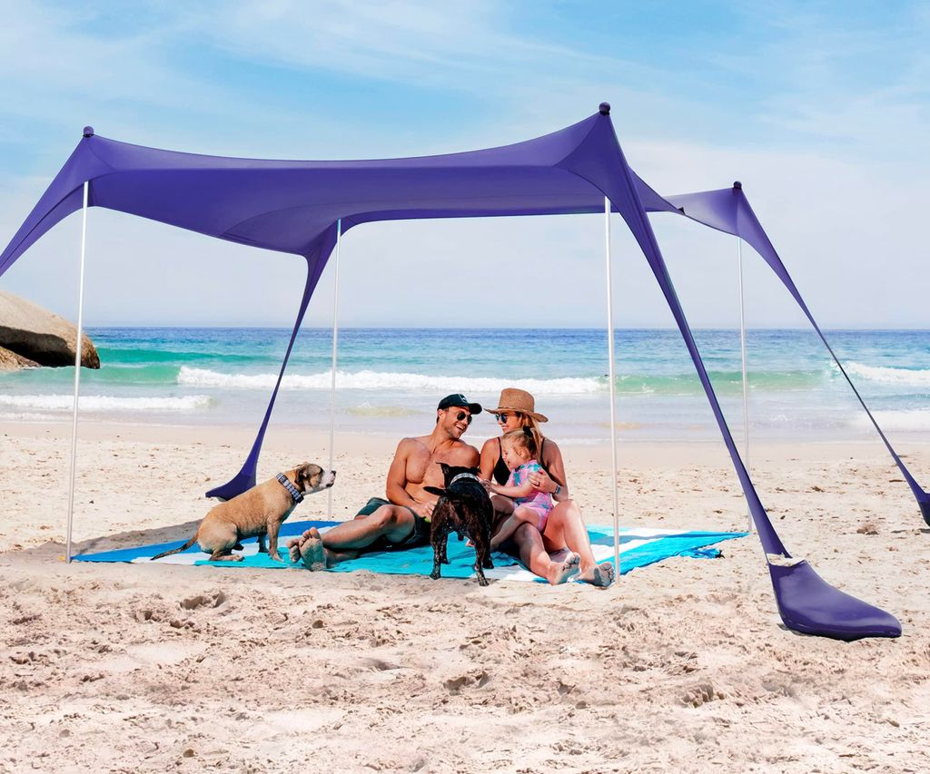 SUN NINJA Strandzelt mit UPF50+ - Sonnenschutz Strand Sonnensegel mit Sandschaufel & Erdnägeln - Strandmuschel Baby UV Schutz 50 - Beach Tent