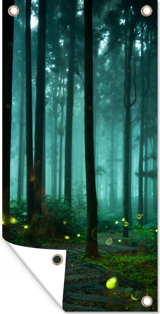 MuchoWow 80x160 cm Outdoor-Poster Gartendeko Sichtschutz Garten Poster für den Garten Glühwürmchen beleuchten einen Wald
