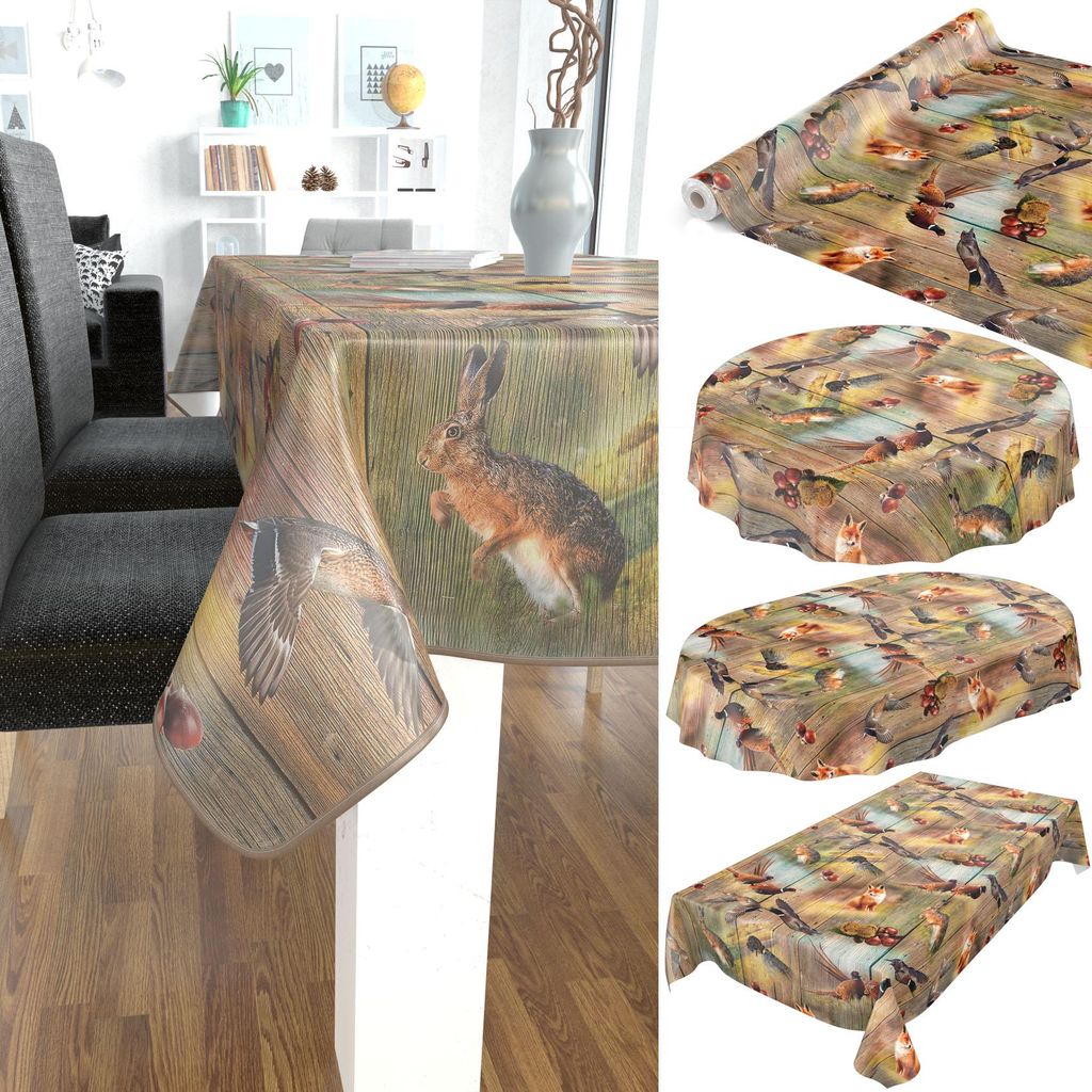 Tischdecke Wachstuch Tieren Braun Robust Wasserabweisend Oval Breite 140 cm Länge 200 cm