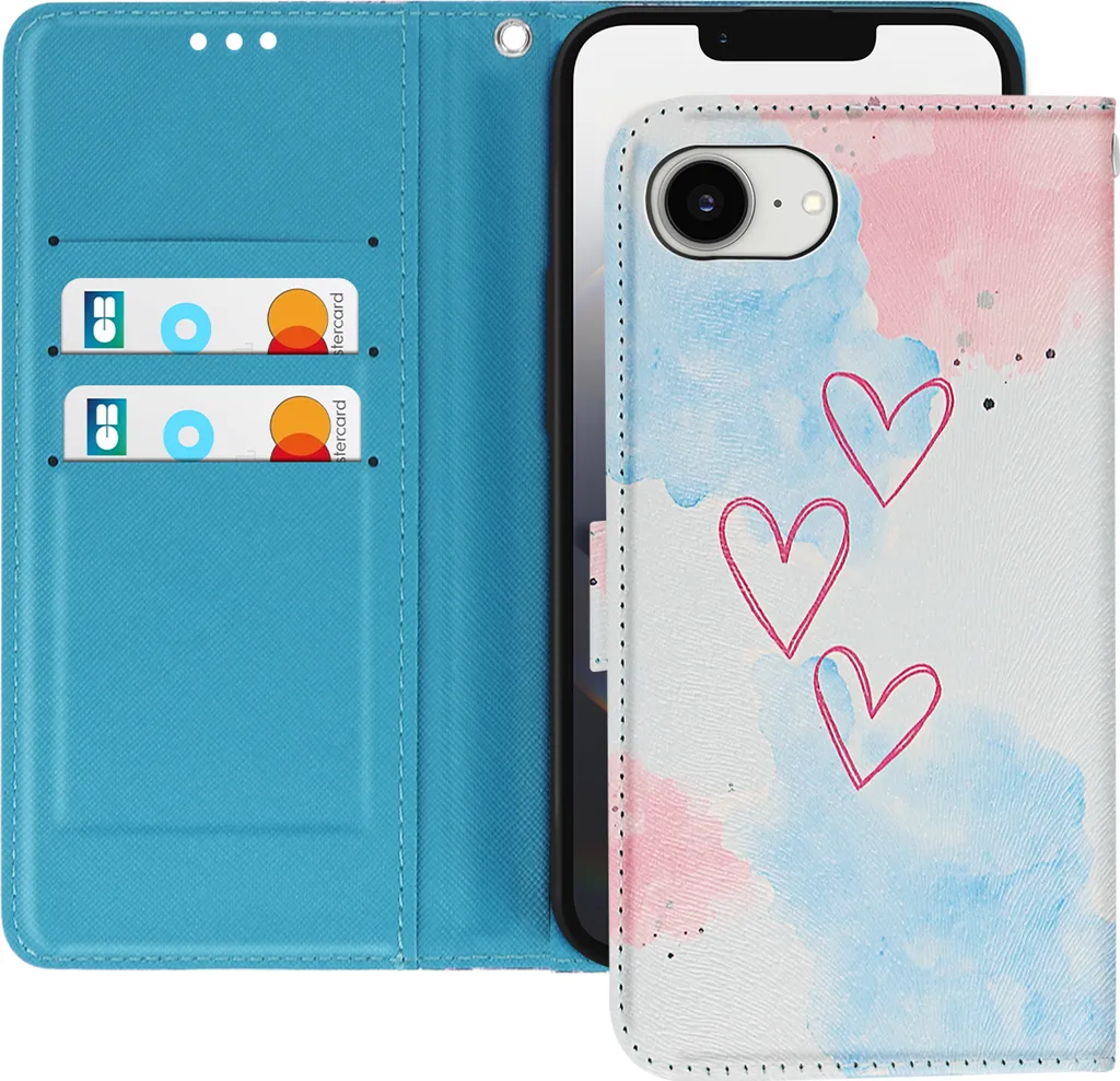 Avizar, Custodia per iPhone 16e motivo a cuore con nastro e portacarte, blu/rosa