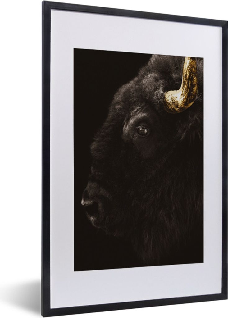 MuchoWow Gerahmtes Poster Bison - Schwarz - Gold 40x60 cm - Poster mit Schwarzem Bilderrahmen Wandposter Rahmen Foto Bilder - Poster in Rahmen