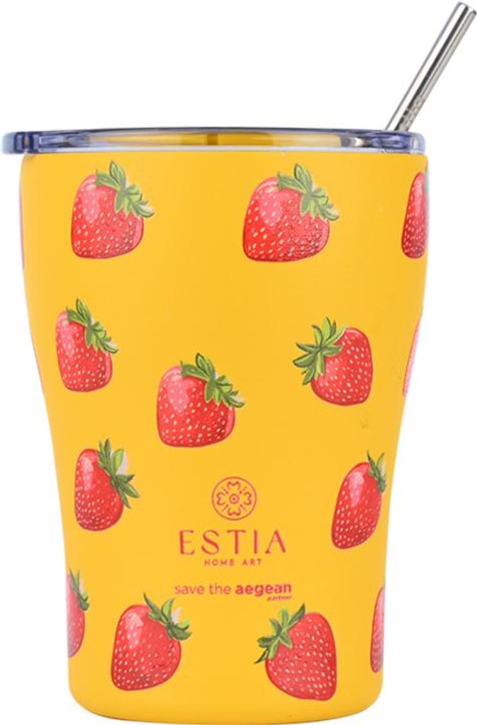 ESTIA | Isolierbecher - 350 ml - Thermobecher mit Erdbeermotiv - mit Strohhalm und Dichter Deckel