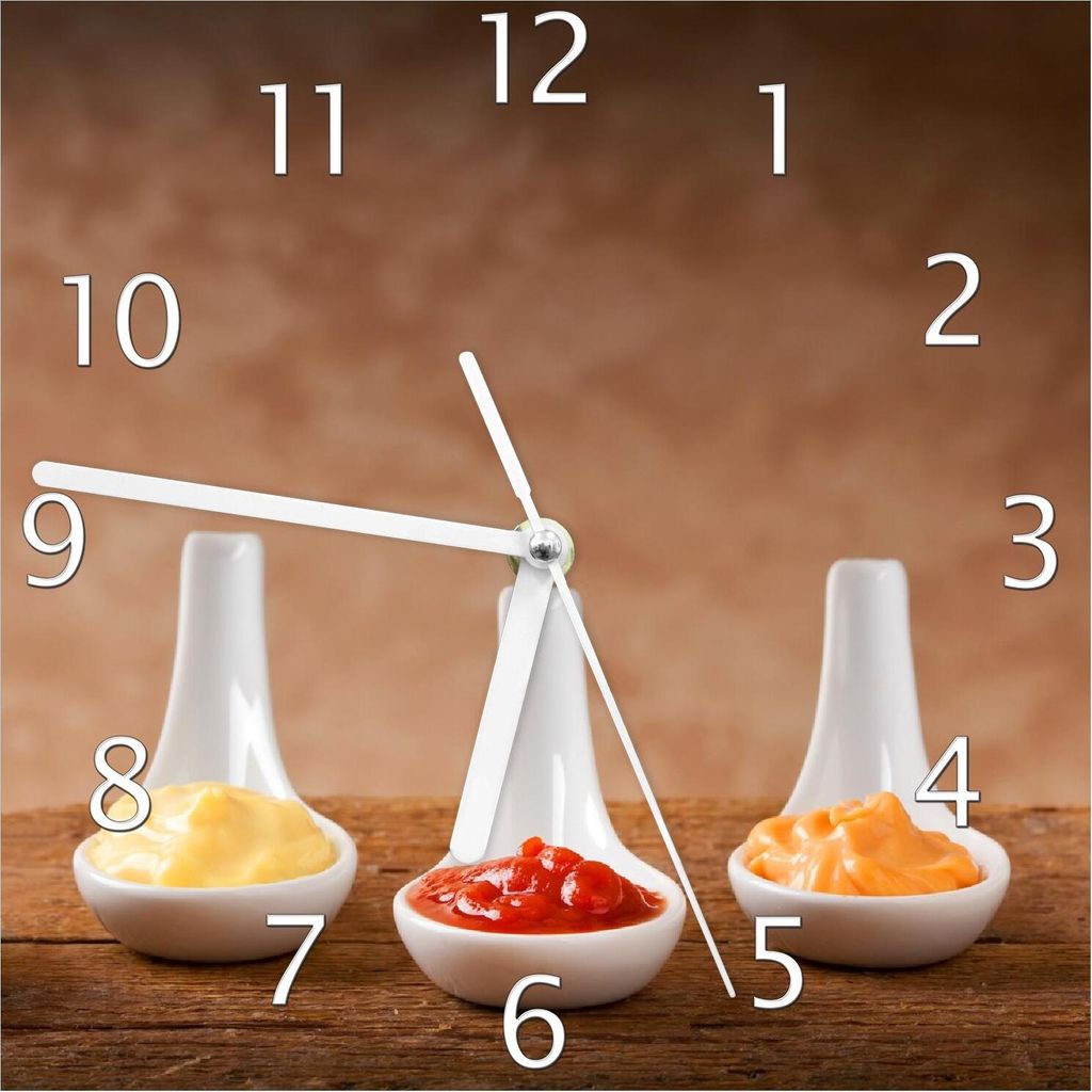 Wallario Design Wanduhr Verschieden Soßen auf Keramiklöffeln aus Echtglas, Größe 20 x 20 cm