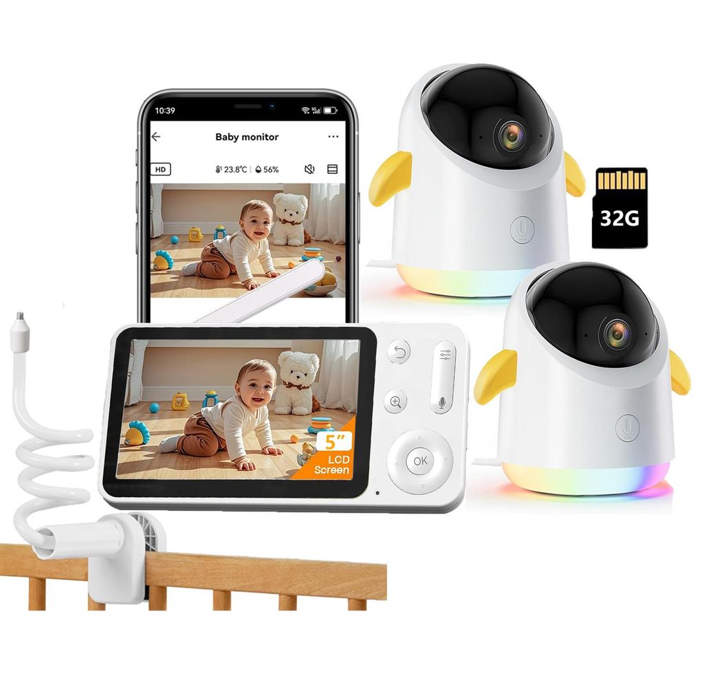 Babyphone mit 2 Kameras und APP 2K 5 Zoll WLAN Babyfon mit Split-Screen IR-Nachtsicht Buntes Nachtlicht 360° PTZ 4×Zoom mit Halterung mit 32G