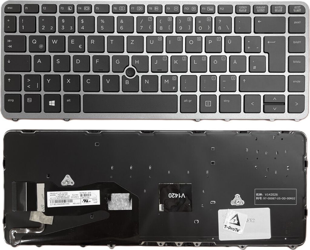 DEUTSCHE-Tastatur Silber Rahmen,Beleuchtung,Trackpoint für HP EliteBook 840 G1 F1N96EA