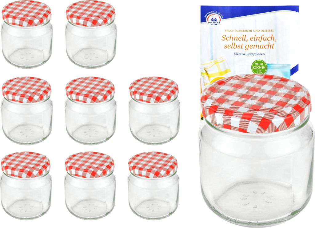 12er Set Rundglas 212 ml nieder To 66 rot karierter Deckel Marmeladengläser Glas incl. Rezeptheft