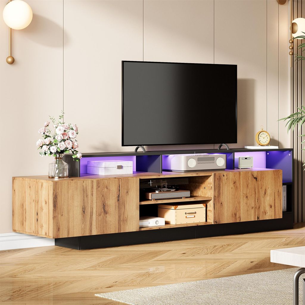 Merax TV-Schrank mit LED und Klapptüren, moderner TV-Ständer mit offener Stauraum, TV-Lowboard für Fernseher bis 70 Zoll, Holzoptik + Schwarz