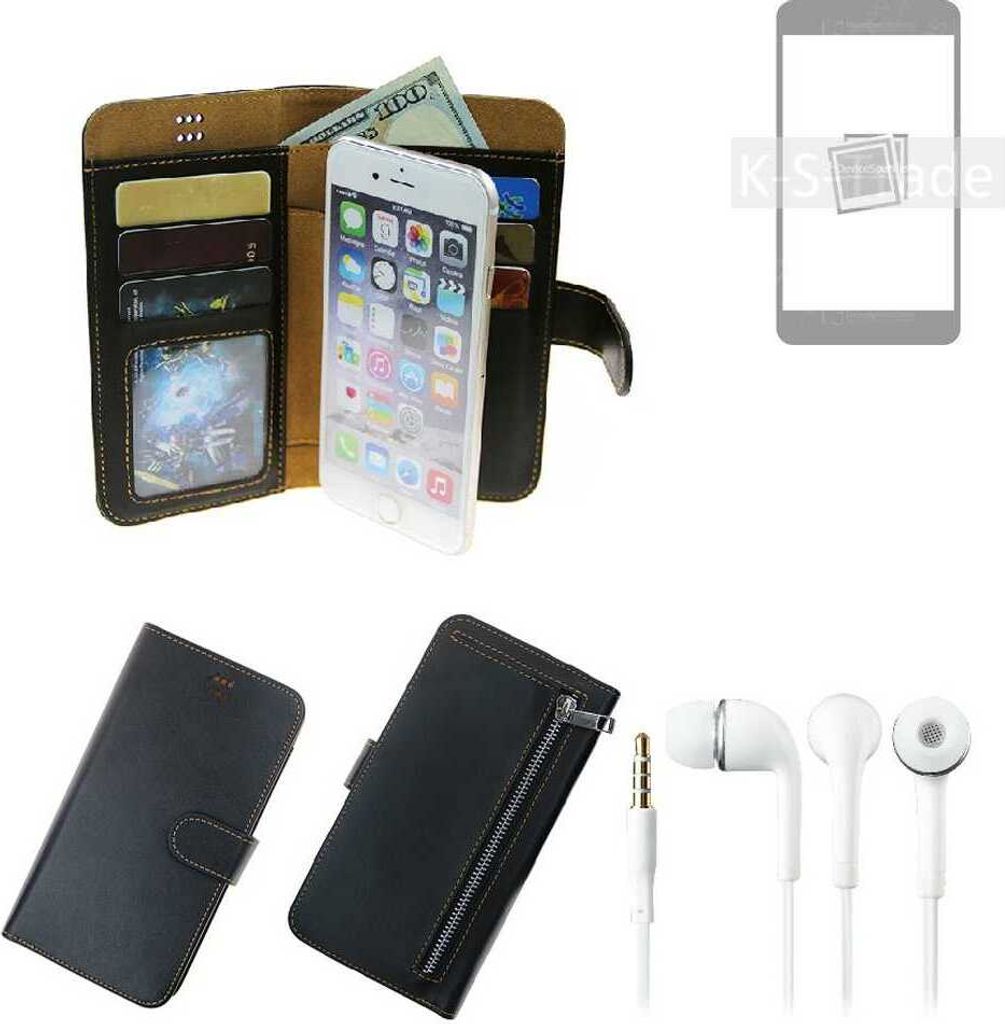 TOP SET Handy Hülle Schutz Hülle kompatibel mit Samsung Galaxy S22+ schwarz aus Kunstleder + Kopfhörer Smartphone Tasche vollwertige Geldbörse