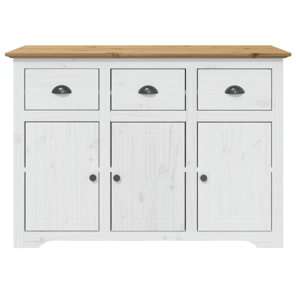 A white and brown wooden sideboard with three drawers and three cabinet doors.