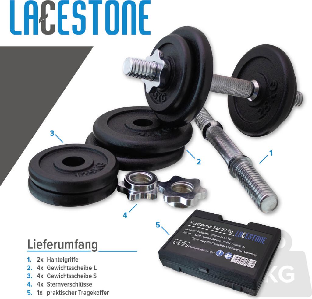 Lacestone Kurzhantel Set 20kg Gusseisen MS-18350 Produktbild 4