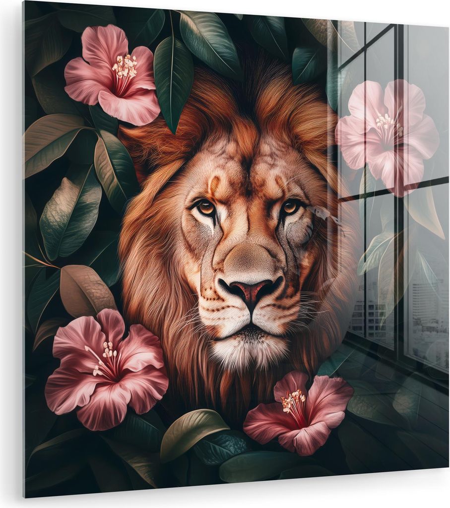 MuchoWow Glasbilder - Bilder auf Wandbild - Foto auf Glas Löwe - Rosa Blumen - Blätter - Botanisch 30x30 cm Wanddekoration aus Glas - Acrylglasbi...