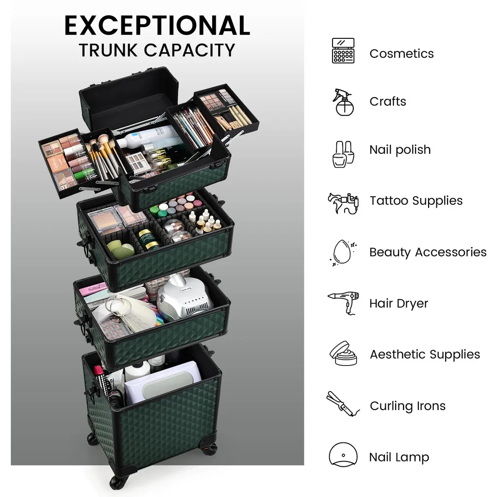 Valise maquillage design roulant avec 4 compartiments vert foncé chic - 2