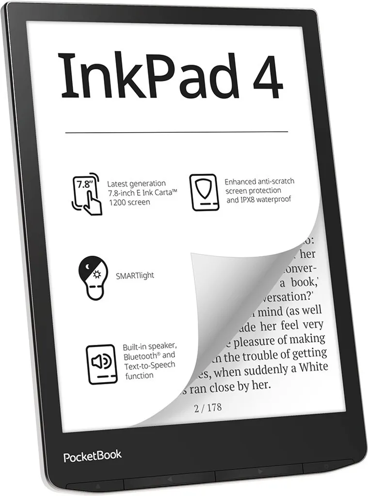 Liseuse numérique PocketBook InkPad 4 avec Écran 7,8 Pouces et Wi-Fi