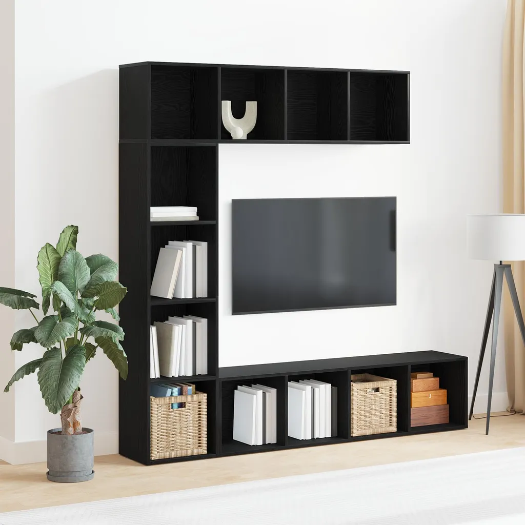 Meuble de bureau 3 colonnes noir et chêne - Rangement livres et dossiers