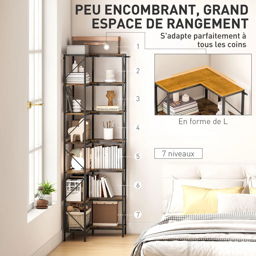 Meuble d'angle de rangement 7 niveaux pour optimiser vos petits espaces